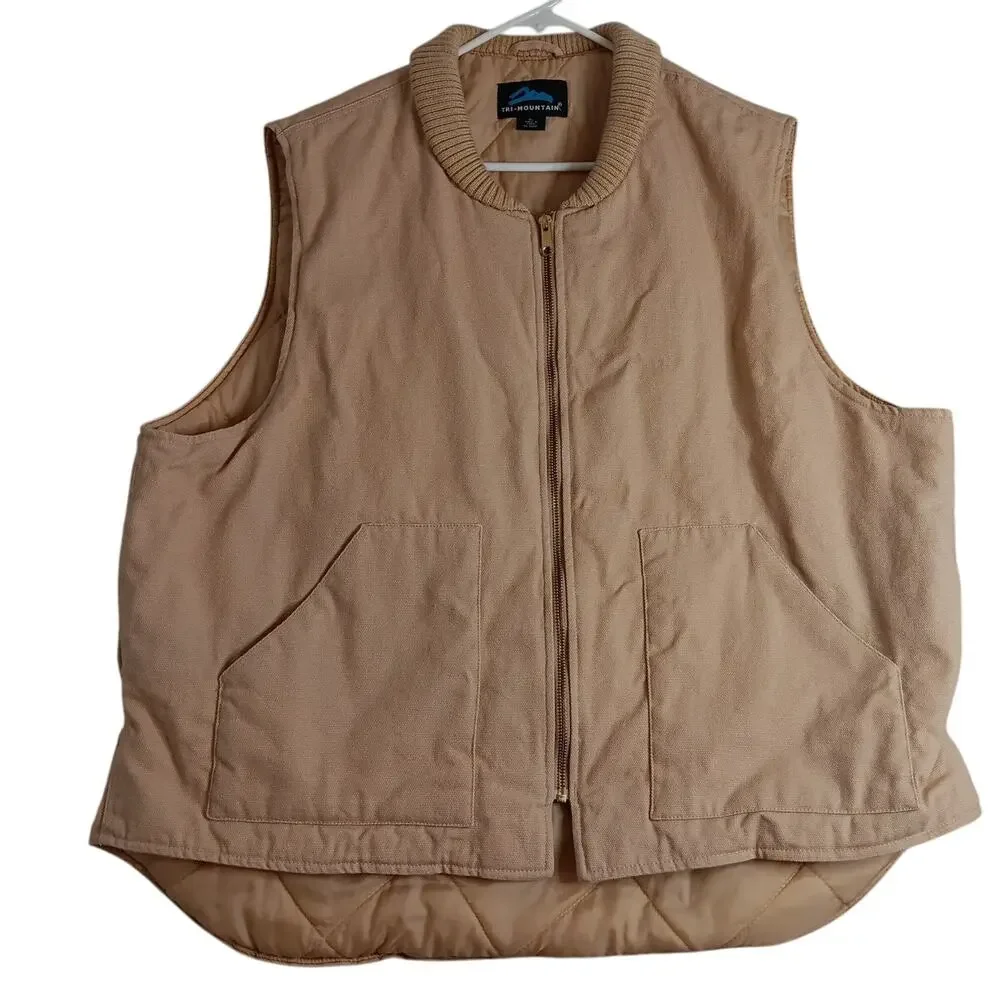 Tri-Mountain Canvas Vest Mens XL Tan Diamond‎ Quilt Lined Zip Outdoors Utility